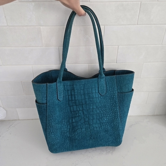 B.May Medium Pocket Tote Embossed Gator Suede Leather Teal Blue Shoulder Bag - Picture 1 of 9